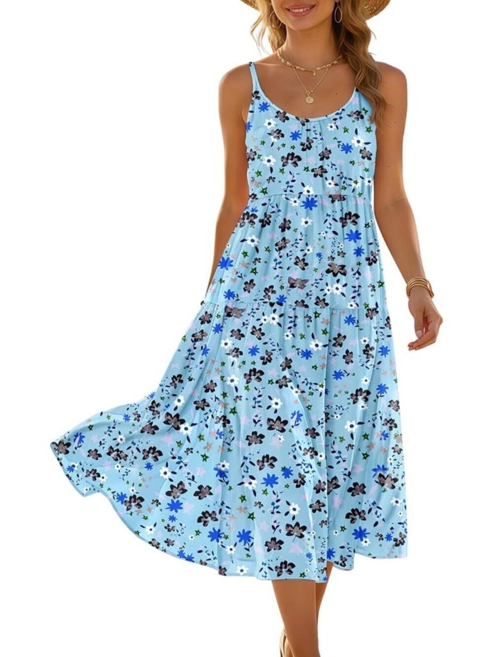 Women's Floral Light Blue Spaghetti Strap Sundress Boho Casual Flow Midi Dress
